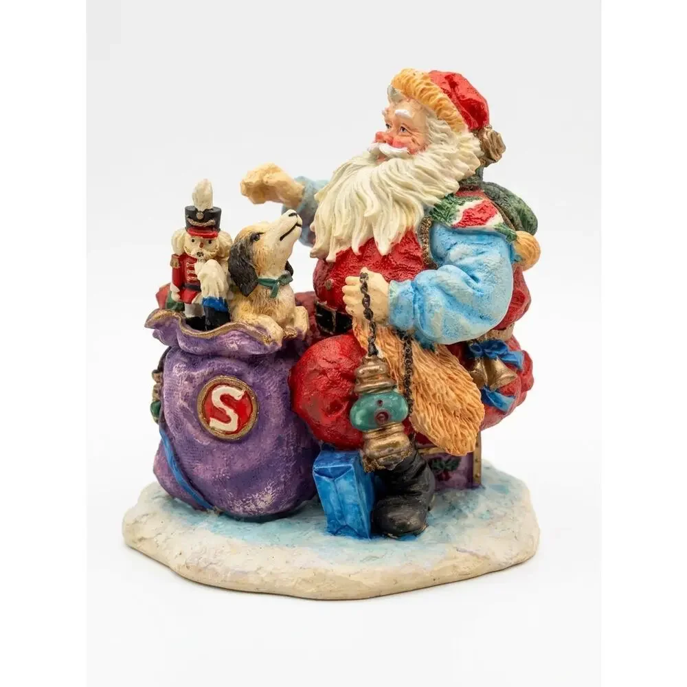 Vintage Santa Claus Resin Figurine with Toy Sack, Nutcracker, Dog – Hand Painted